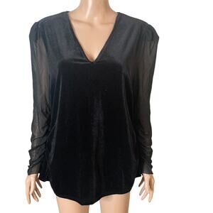 H Halston Velour Blouse Womens XL Sheer Sleeve Black Mixed Media